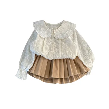 бебе - момиче 2023 Пролет и есен Нова детска бродерия кукла яка риза пола сладка мода костюм от две части