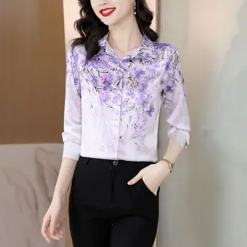 висок клас красива нова целокупна черница лилаво цветен печат ревера жени елегантен темперамент тънък OL работно облекло Топ риза блуза