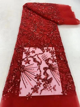 висок клас ръчно изработени мъниста дантела плат червена бродерия френска дантела сватбена рокля бродирани аква тюл пайети плат Zx
