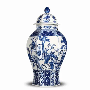 Голям синьо-бял порцелан джинджифил буркан любовна история китайска ваза с капак за настолна цвете съхранение храм буркани бюро орнамент