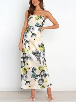 Дамска елегантна флорална рокля без ръкави с макси рокля със секси силует и дизайн без гръб - Slim Fit Bodycon Long Sun Dress за