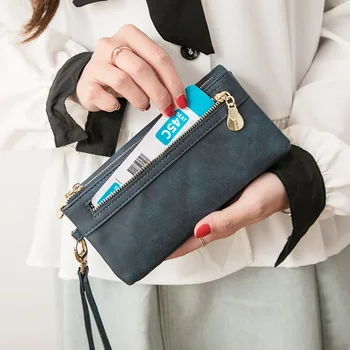 Дамски кожен портфейл женски портмонета голям капацитет закопчалка цип чанта дами дълга гривна съединител монета притежателите на карти Портфел