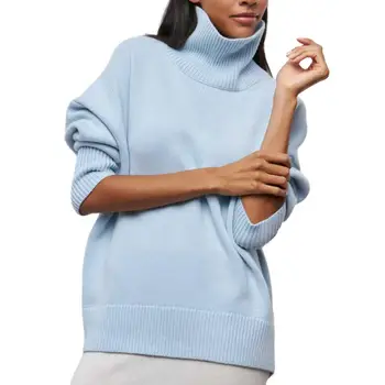 Дамски плетени пуловери висока яка врата плътен цвят тънък топъл хлабав есен зима трикотажни случайни еластичен пуловер Топ жени