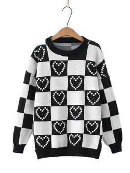 Дамски пуловер 2023 Есен Зима Дълъг ръкав O Neck Loose Трикотажен пуловер Карирана бродерия Топла корейска мода Ежедневни шикозни върхове
