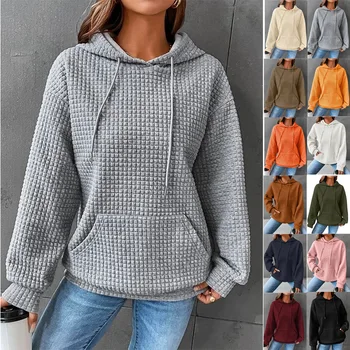 Дрехи за жени вафли суитчър качулки пуловер с джобове есен хлабав мек и удобен дълъг ръкав върховете шезлонги