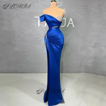 Елегантна кралско синя сатенена вечерна рокля с мъниста плисета русалка абитуриентски рокли парти рокли по поръчка роба bleu royal pour mariage
