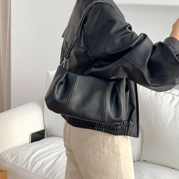 Жените Ruched рамо чанта PU кожа нагънат Crossbody чанта плътен цвят прост подмишниците чанта дами отдих чанта