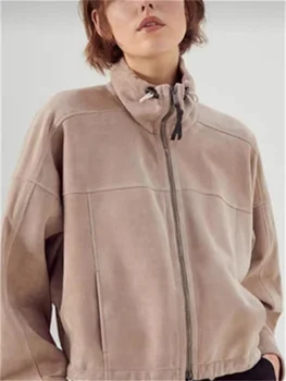 Жените кратко яке мъниста верига завой-надолу яка цип случайни 2023 есен дълъг ръкав женско палто