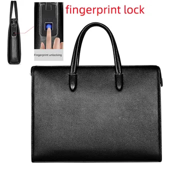 Заключване на пръстови отпечатъци Мъжка чанта Естествена кожа Бизнес лаптоп Мъжки чанти против кражба Голям капацитет Мъжки пътни чанти Нова чанта за рамо