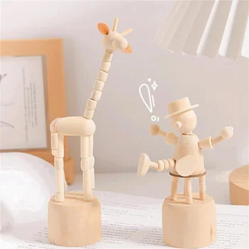 карикатура дървени подвижни куклени танцуващи орнаменти Настолна фигурка Декорация на дома клоун жирафи слонове куче статуя дете подаръци