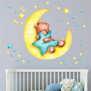 Карикатура плюшено мече спи на луната стена стикери за детска стая бебе стая декорация винил стена ваденки стая интериор стикер