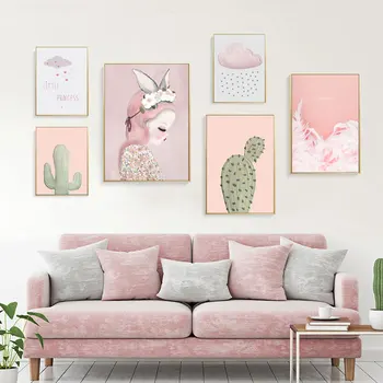 карикатура розов кактус облаци детска стая декор момичета стил платно живопис плакати и отпечатъци стена арт картини за спалня дома декор