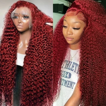 Къдрава Бургундия 13x4 дантела фронтална човешка коса перука бразилски 99J червен цвят вода вълна HD дантела фронт перука за жени PrePlucked коса