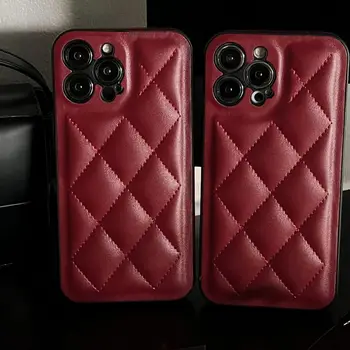 Луксозен бургундски марков калъф за телефон от естествена кожа за iPhone 14 Pro/13/12 11 ProMax винено-червено митническо покритие за VIP клиенти