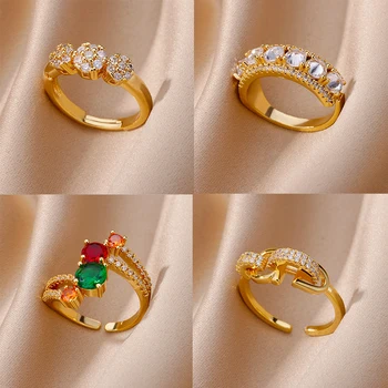 Луксозни циркон кръгли пръстени злато цвят отворен неръждаема стомана пръст пръстен за жени мода корейски бижута сватбено парти подарък
