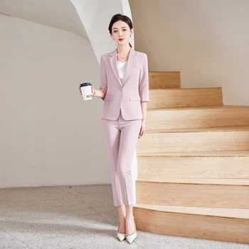 Модни дами розов блейзър жени бизнес костюми 2 парче панталон и яке комплект работно облекло офис униформа половин ръкав