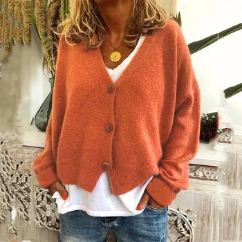 Модни жени твърди v-образно деколте бутони случайни разтеглив плетен пуловер жилетка палто
