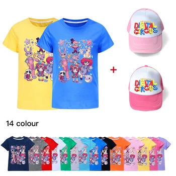 Невероятният дигитален цирк мърч Дрехи за момичета Тениска с къс ръкав + шапка Детски летни ежедневни върхове Аниме момчета детска тениска