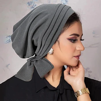 Нова мода жени дишаща еластични къдри мюсюлмански хиджаб плътен цвят тюрбан нагънат шапка забрадка главата обвива химиотерапия капачка капак