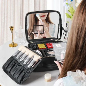 Нова чанта за грим с голямо огледало с отделения Водоустойчив PU кожа пътуване козметичен случай за жени