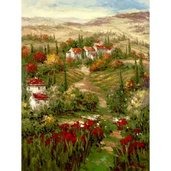 Пейзаж платно стена изкуство ръчно изработени живопис с маслени бои италианско село Тоскана модерно поле цвете произведения на изкуството за баня хол подарък