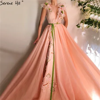 праскова ръчно изработени цветя крила A-Line вечерни рокли 2023 V-образно деколте секси тюл официална рокля дълго Serene Hill LA70128