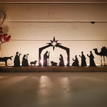 Рождество Христово сцена Tealight притежател метален силует дървени свещник Раждането на Исус орнамент Коледни подаръци занаяти Начало декор