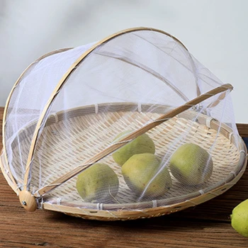 Ръчно изработена бамбукова тъкана плодова зеленчукова кошница с мрежа против комари Кръгла прахоустойчива плетена тава Хранителен хляб 87HA