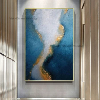 Ръчно рисувани с маслени бои Абстрактен морски пейзаж платно живопис синьо и златно абстрактни линии стена арт декор диван стенопис