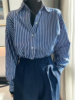 Сини раирани ризи за жени Пролет 2023 Корейски хлабав бутон нагоре Turn Down яка дълъг ръкав върховете Ежедневни блузи