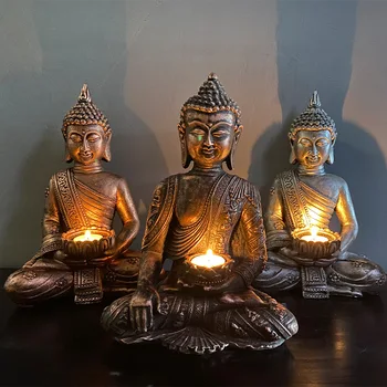 Статуя на Буда Свещ за чай Държач за светлина Медитиране на Буда с патина Златно покритие Седяща скулптура Свещник Фън Шуй декор