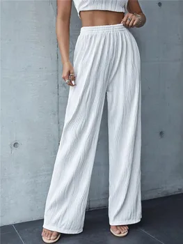 Твърди бели ребра плетени широки панталони крак жени пролет лято висока улица стил Y2K случайни висока еластична талия панталони Streetwear 2023