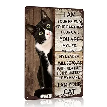 Черна котка Знак Аз съм твой приятел Твоят партньор Твоята котка Ти си моят живот Начало Декорация за стена Метални плакети 12X8 инча
